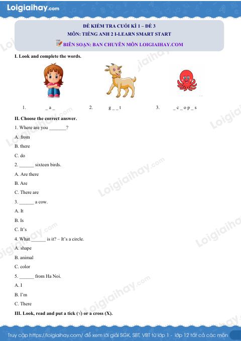 Đề thi học kì 1 Tiếng Anh 2 iLearn Smart Start - Đề số 3
